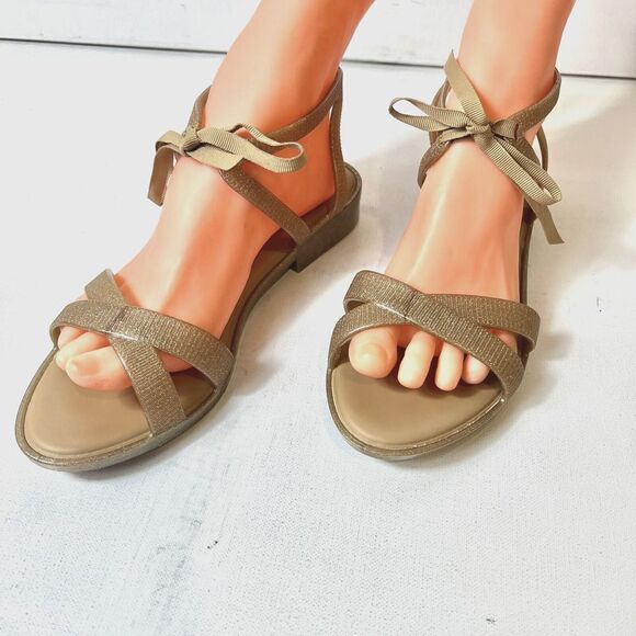 Melissa Jason Wu Womens Sz 7 Summer Sandals Glitter Bronze Tie Up Open Toe Vegan - Picture 3 of 13